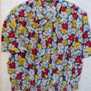 Vintage 80s 90s Daisy Floral Button Up Top Small Retro Cottagecore Boho Blouse